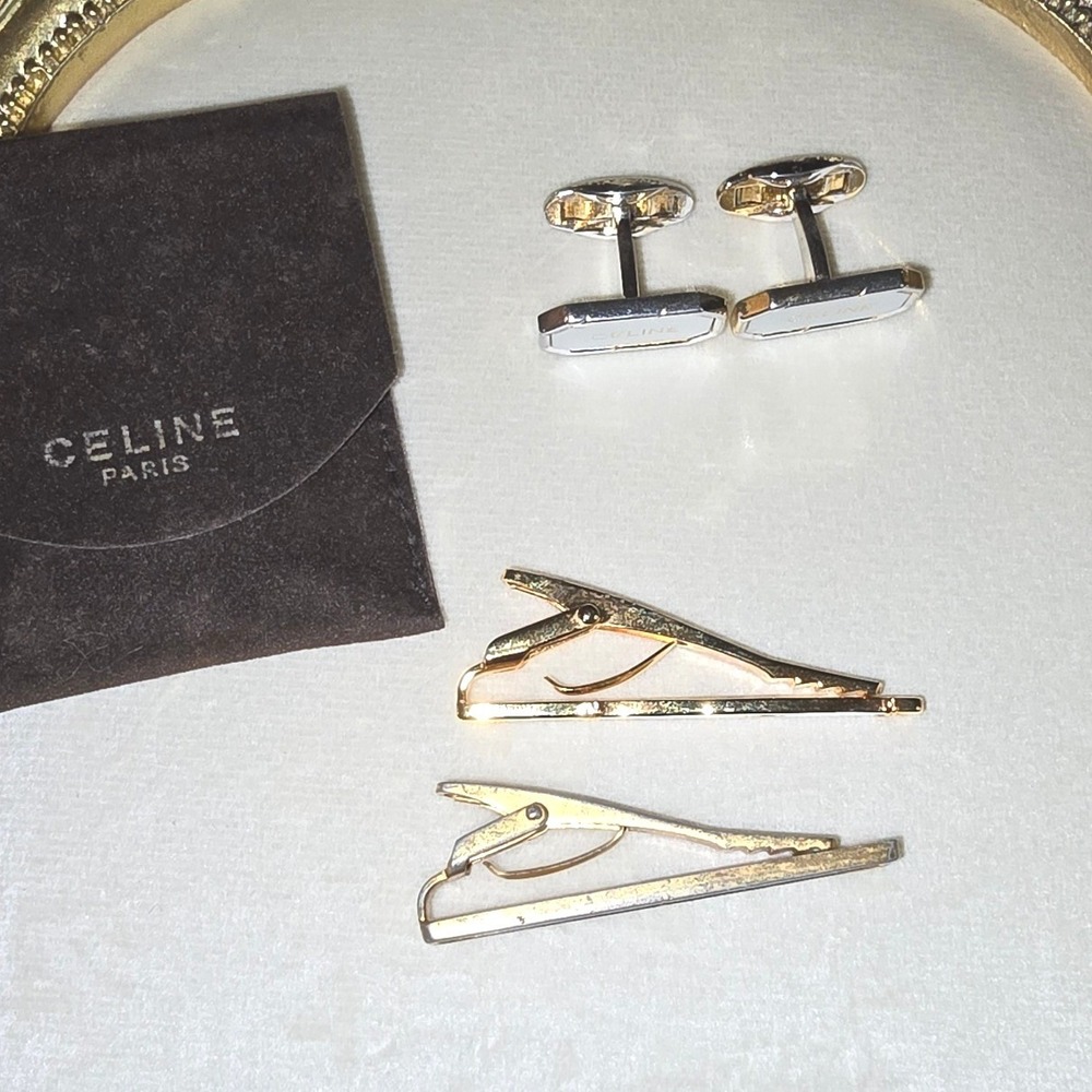 Vintage Celine Paris Silver & Gold Tone Cufflinks, 2 Tie Bars & Celine Pouch Lot